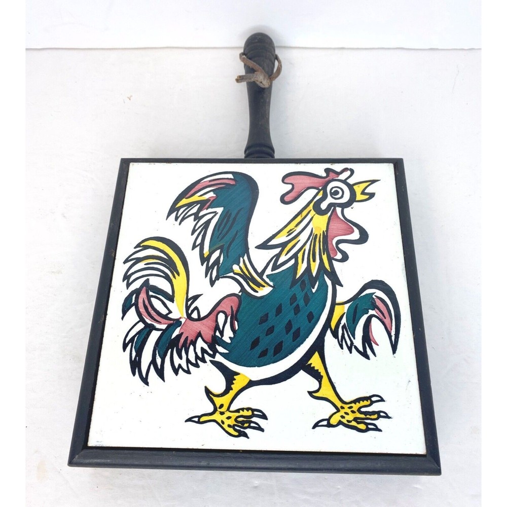 Vintage Trivet Wood & Ceramic Tile ROOSTER , Kitchen Decorations